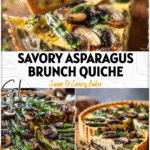 Golden-baked asparagus sourdough quiche with sliced mushrooms and fresh herbs displayed on a rustic board.